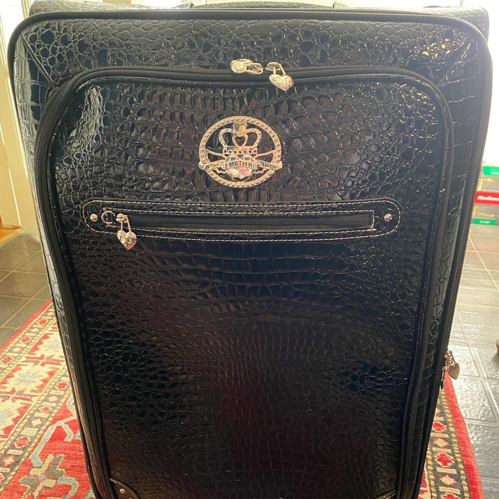 A huge black shiny roller luggage with multiple pockets.